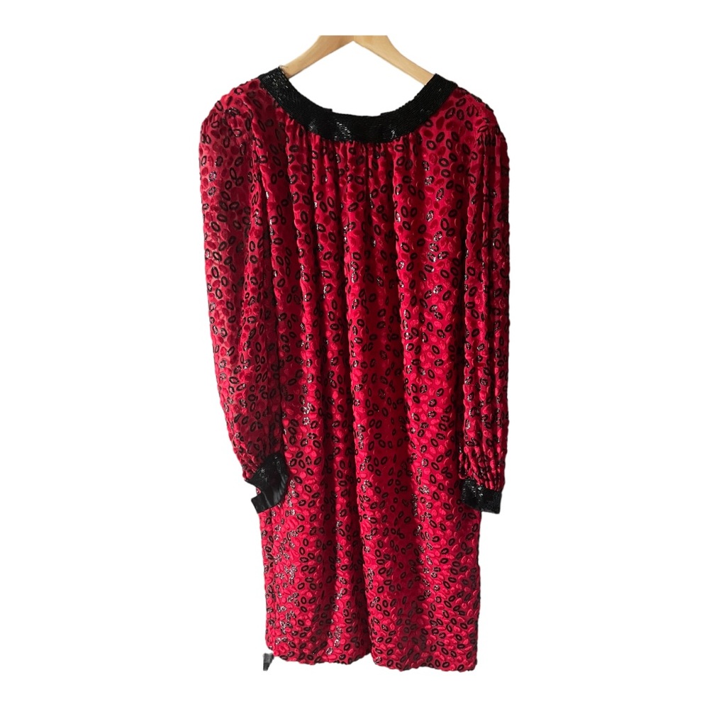 Vintage Adele Simpson Red and Black Beaded Party Dress Size 14